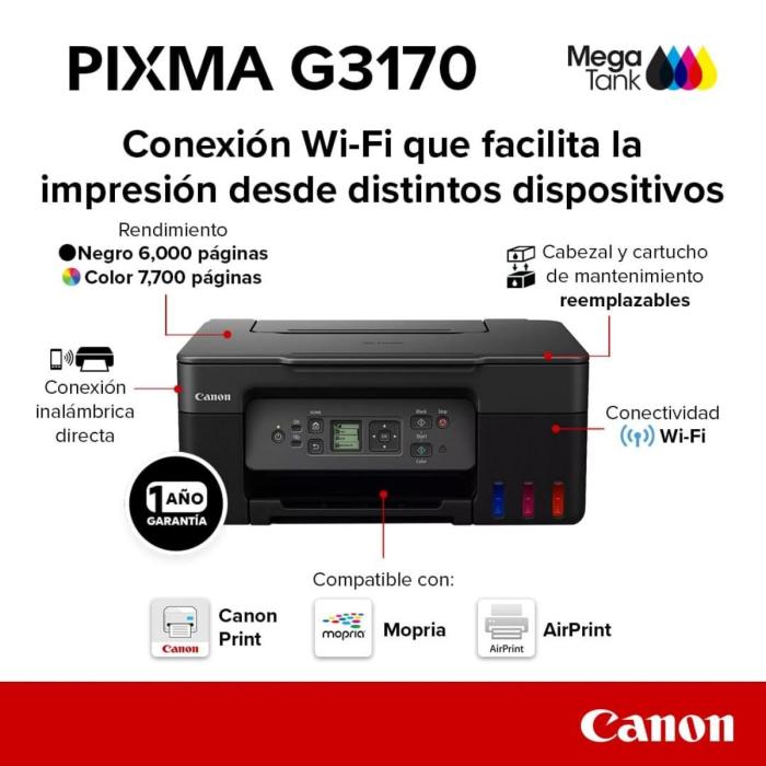 Impresora Multifuncional Canon PIXMA G3170 Wi-Fi / USB 2.0 - 1 año de Garantia - 5805C004AA