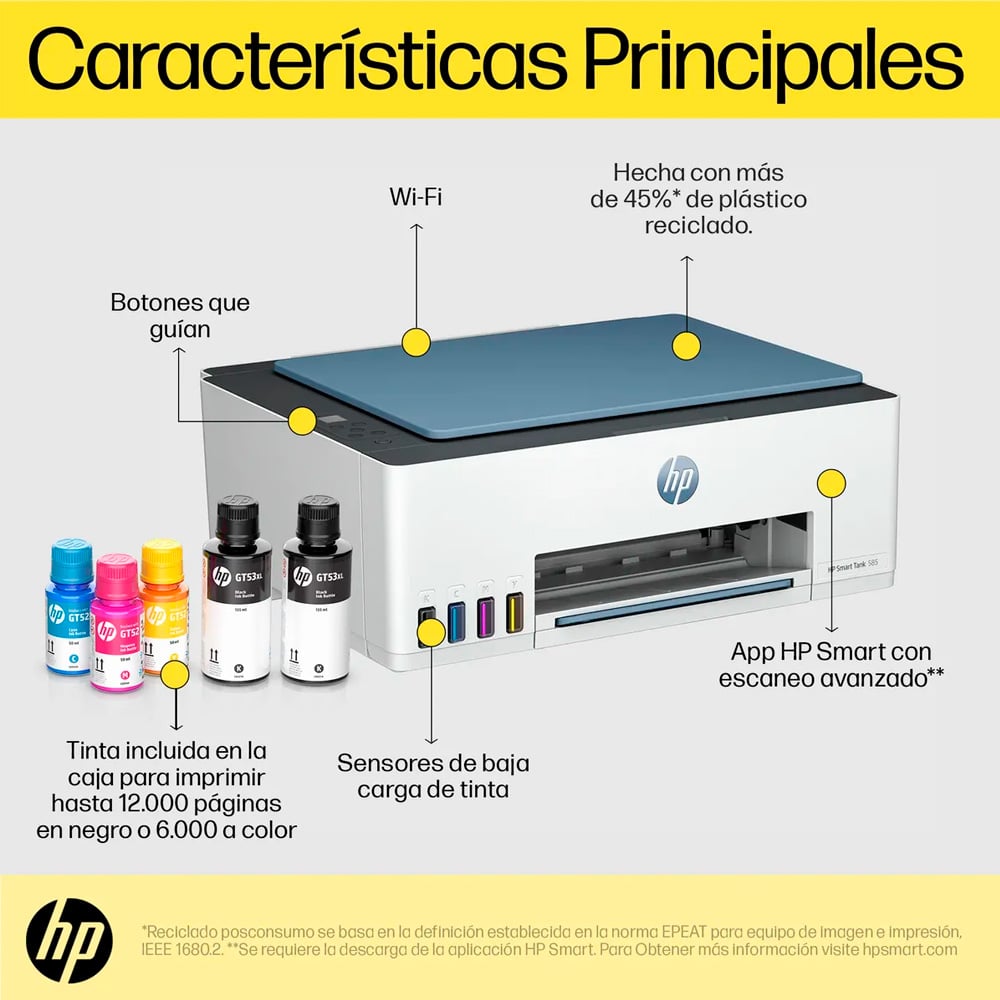 Impresora Multifuncional HP Smart Tank 585 AIO Bluetooth - Wi-Fi - USB 2.0 - 1 año de Garantia - 1F3Y4A#AKY + Mochila Real Madrid