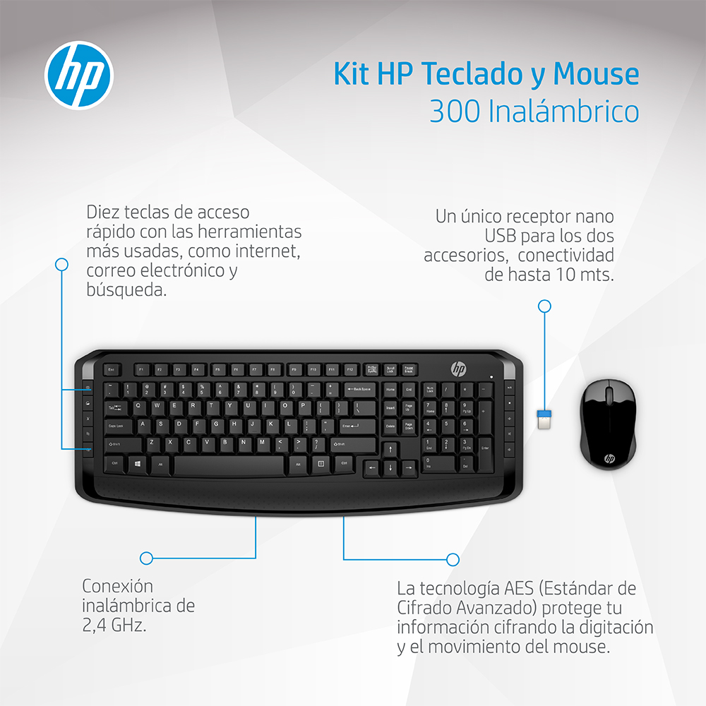 HP 300 - Juego de teclado y ratón - inalámbrico - Latinoamérica