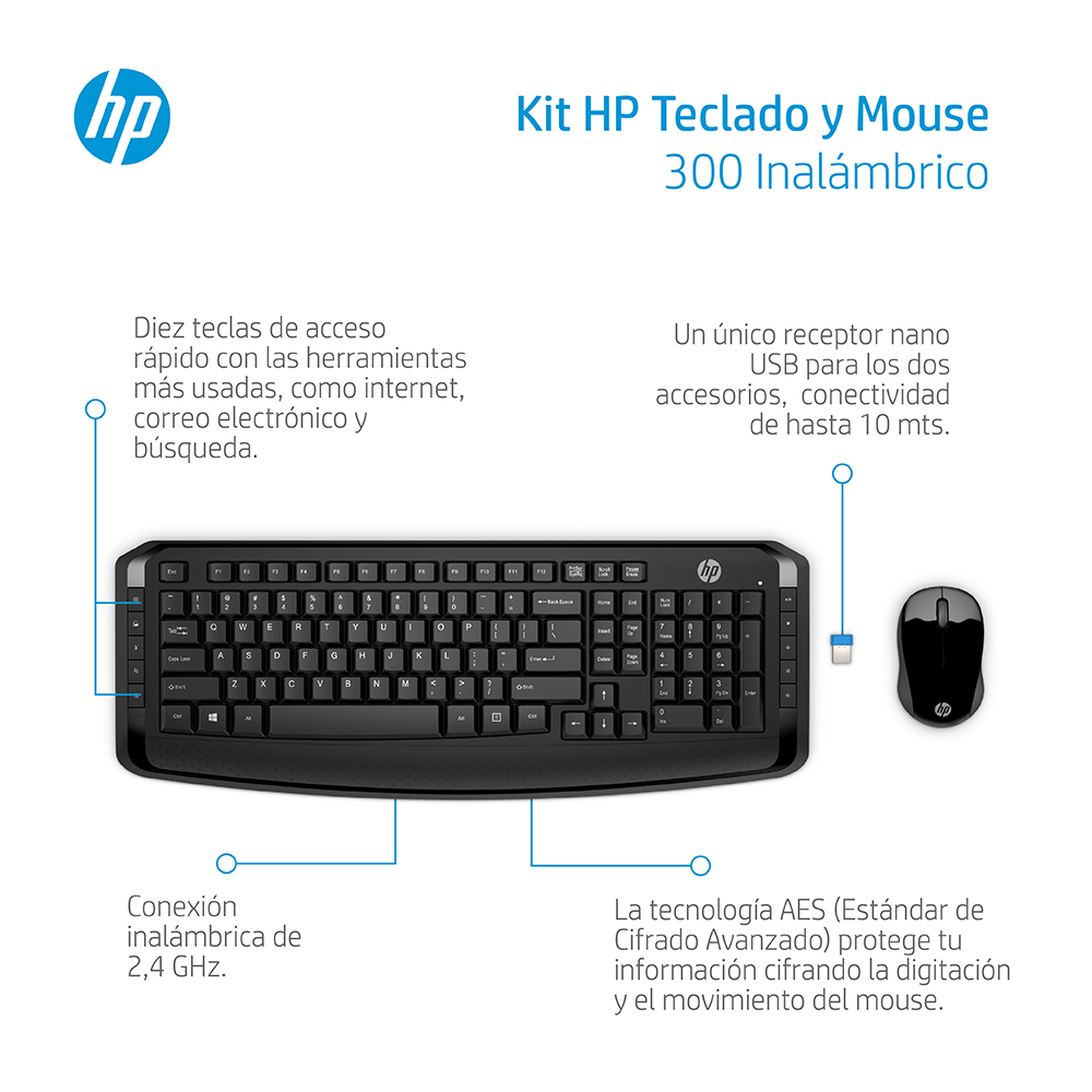 HP 300 - Juego de teclado y ratón - inalámbrico - Latinoamérica