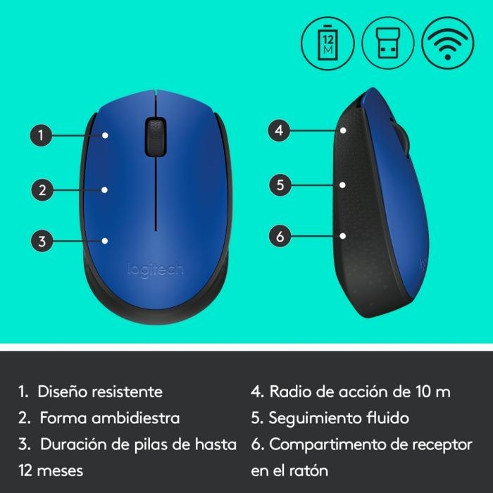 Logitech M170 - Ratón - diestro y zurdo - inalámbrico - 2.4 GHz - receptor inalámbrico USB - azul