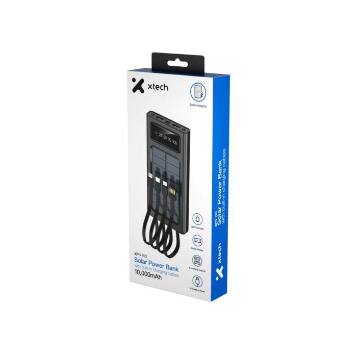 Xtech XPB-100 - Solar Power Bank - 24 pin USB-C / 4 pin USB Type A / 5 pin Micro-USB Type A - 24 pin USB-C / 4 pin USB Type A / 5 pin Micro-USB Type A - Lithium ion polymer - Para Universal - built-in charg cables10,000mAh
