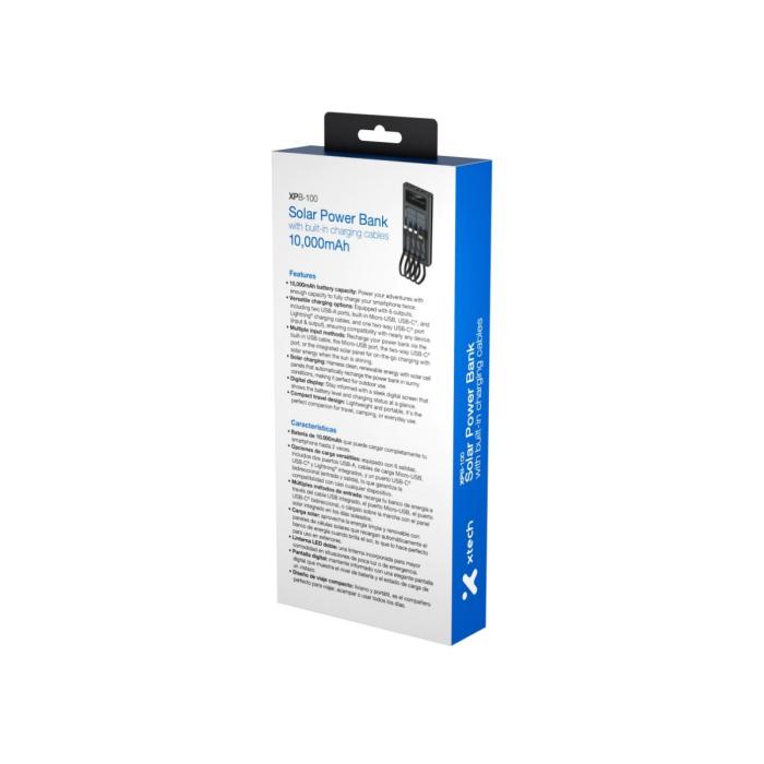 Xtech XPB-100 - Solar Power Bank - 24 pin USB-C / 4 pin USB Type A / 5 pin Micro-USB Type A - 24 pin USB-C / 4 pin USB Type A / 5 pin Micro-USB Type A - Lithium ion polymer - Para Universal - built-in charg cables10,000mAh