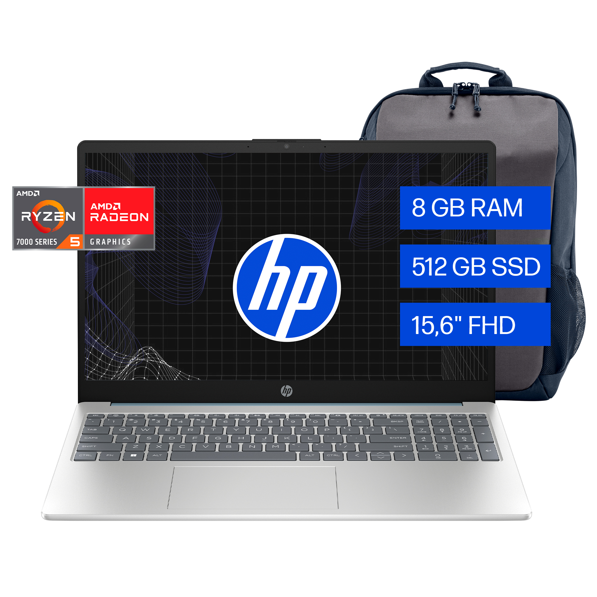 HP 15-fc0250la - Notebook - 15.6" - AMD Ryzen 5 7520U / 4.3 GHz - 8 GB - DDR5 SDRAM - 512 GB - AMD Radeon - Windows 11 Home - 1-year warranty - +Backp
