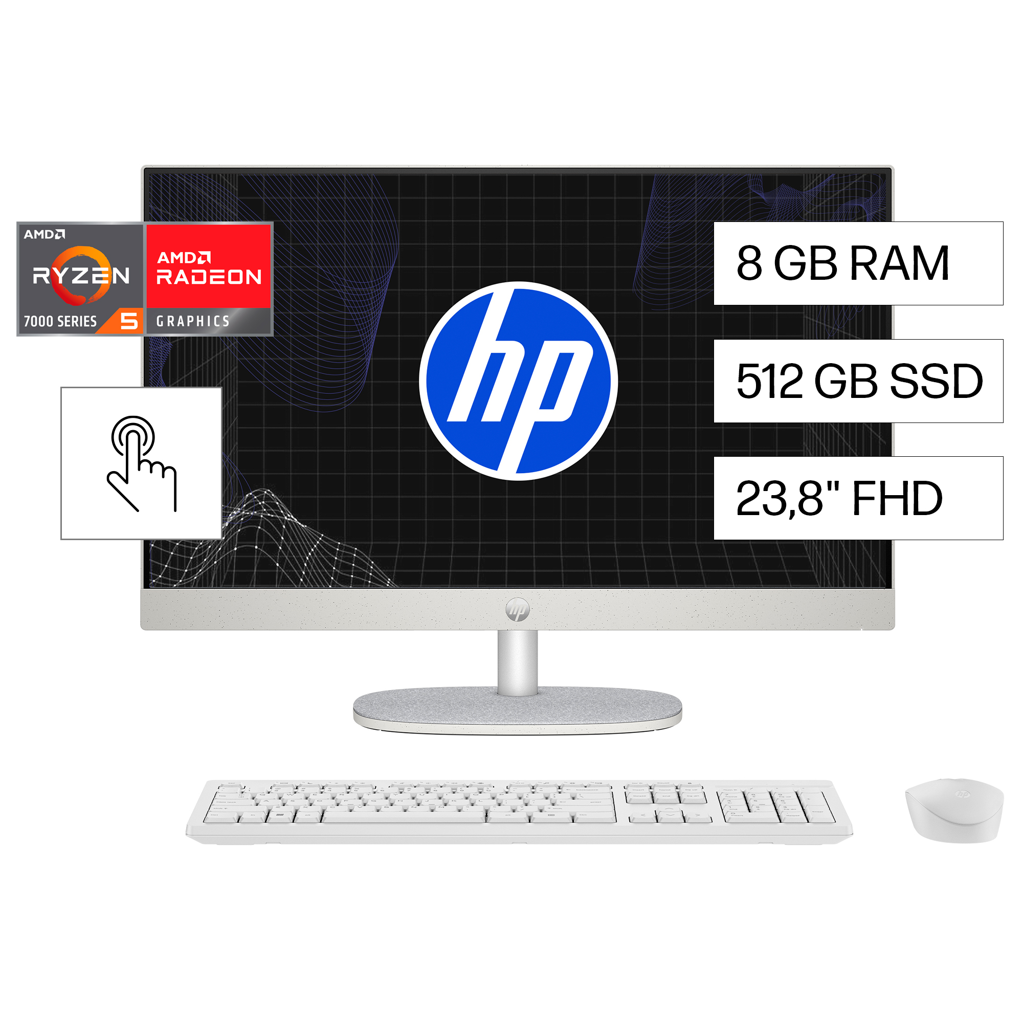 HP - All-in-one - AMD Ryzen 5 7520U / 4.8 GHz - DDR5 SDRAM - 512 GB HDD - 23.8" - Integrated graphics - Windows 11 Home - White - BA1V8LA#ABM