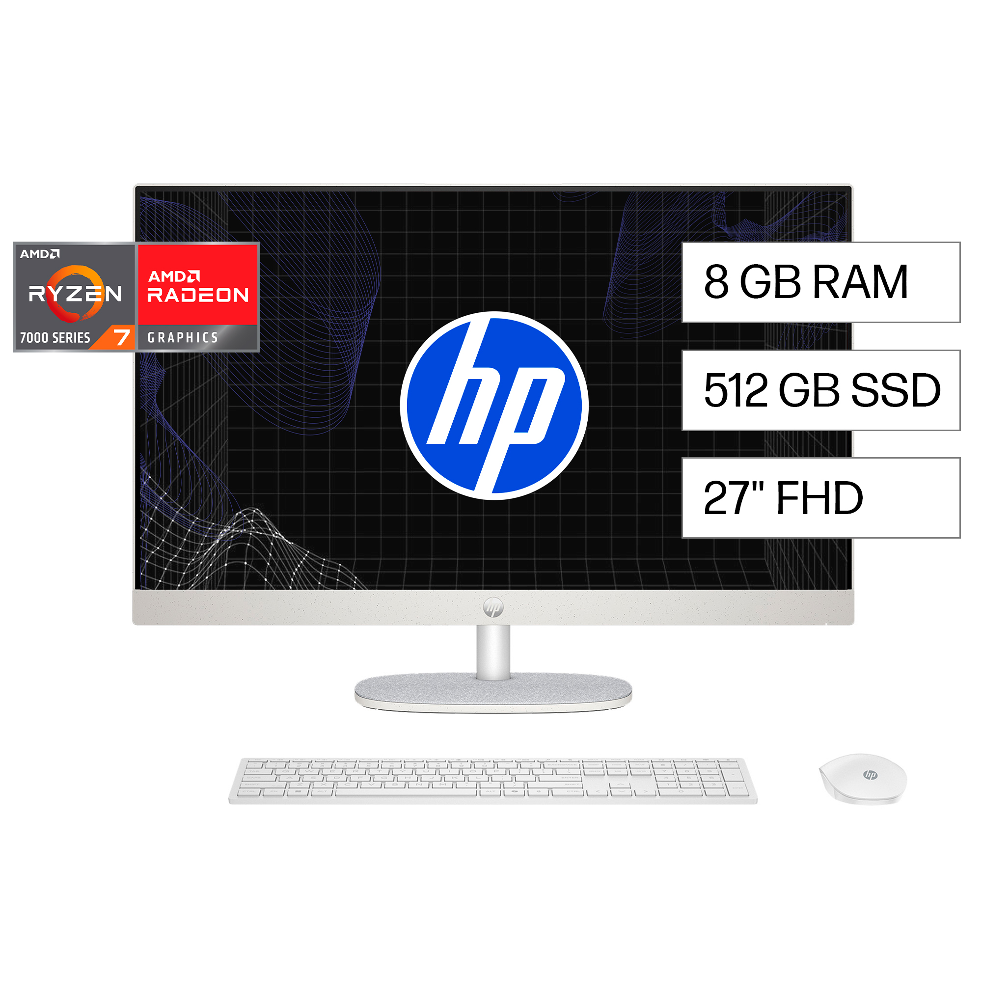 HP - All-in-one - AMD Ryzen 7 7730U / 4.8 GHz - DDR5 SDRAM - 512 GB HDD - 27" - Integrated graphics - Windows 11 Home - White