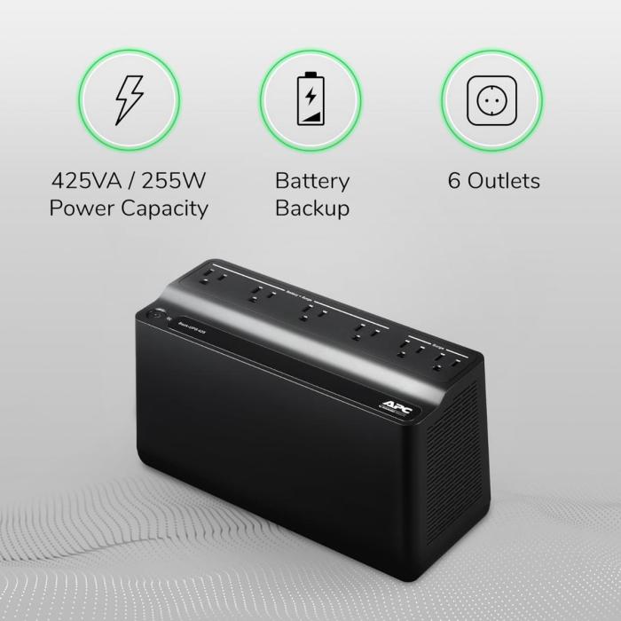 APC Back-UPS BE425M - UPS - CA 120 V - 255 vatios - 425 VA - 1 x baterías - conectores de salida: 6 - negro