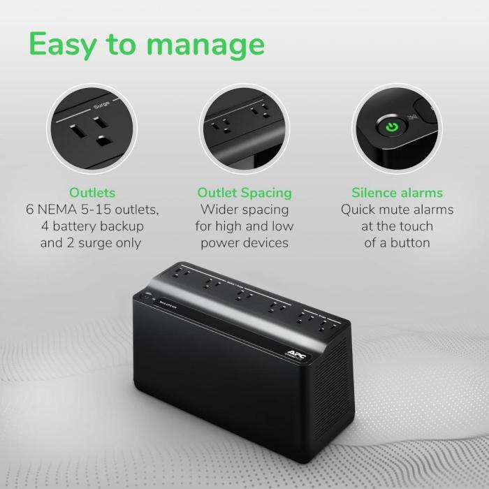 APC Back-UPS BE425M - UPS - CA 120 V - 255 vatios - 425 VA - 1 x baterías - conectores de salida: 6 - negro