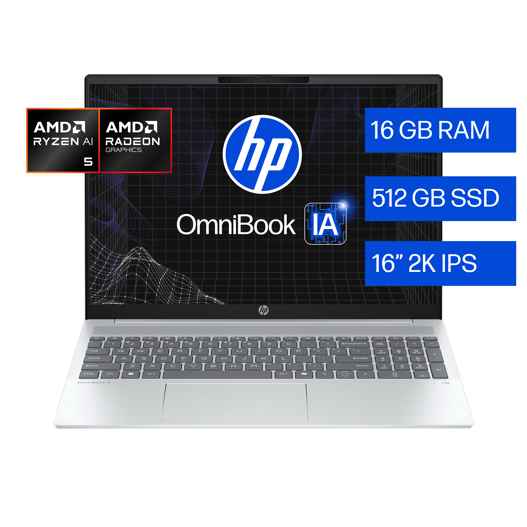 Laptop HP OmniBook 5 AI 16-ag1051la, AMD Ryzen AI 5, 16 GB RAM, 512 GB SSD, 16" 2K, Windows 11 Home