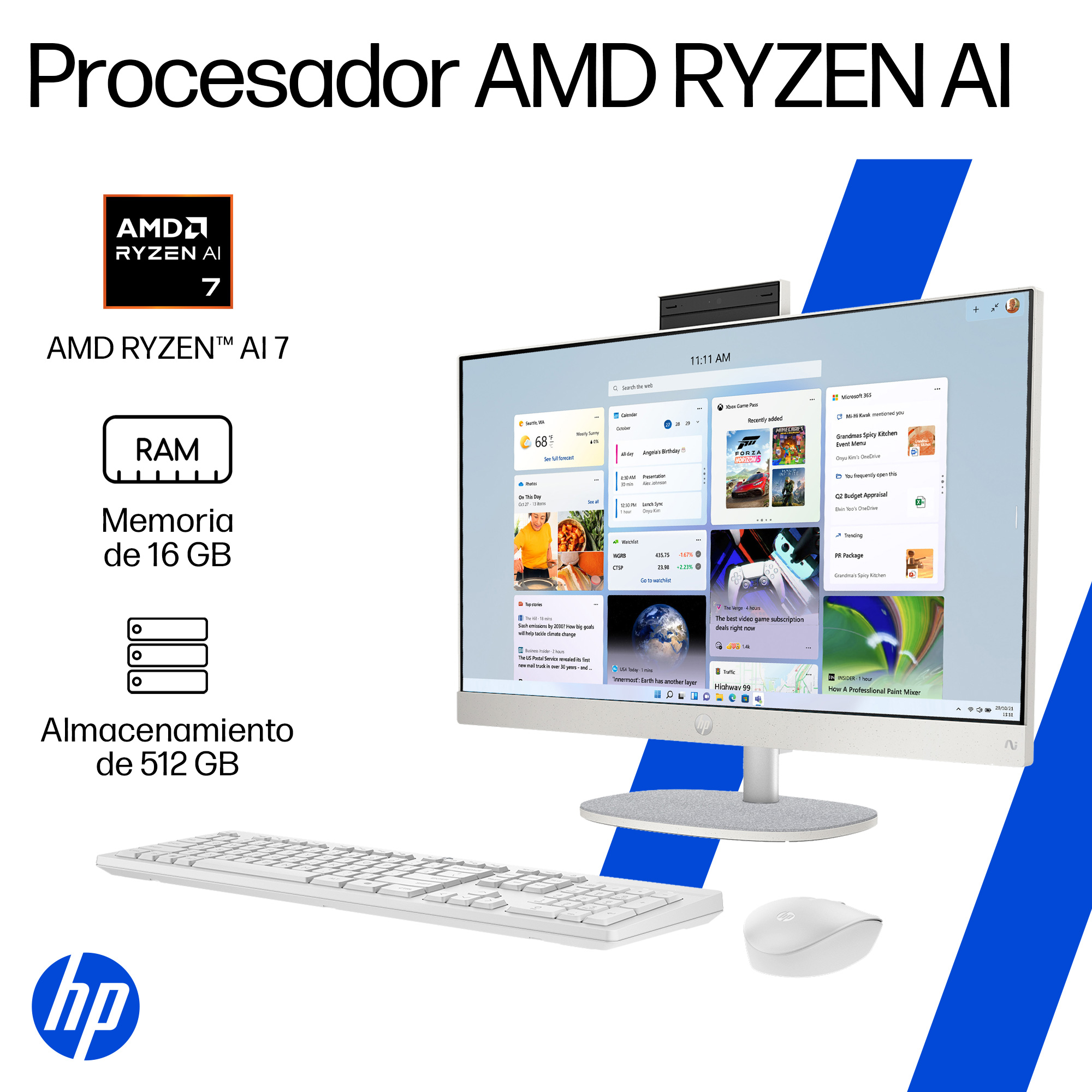 HP - All-in-one - AMD Ryzen 7 350 AI / 4.8 GHz - DDR5 SDRAM - 512 GB HDD - 27" - Integrated graphics - Windows 11 Home - White