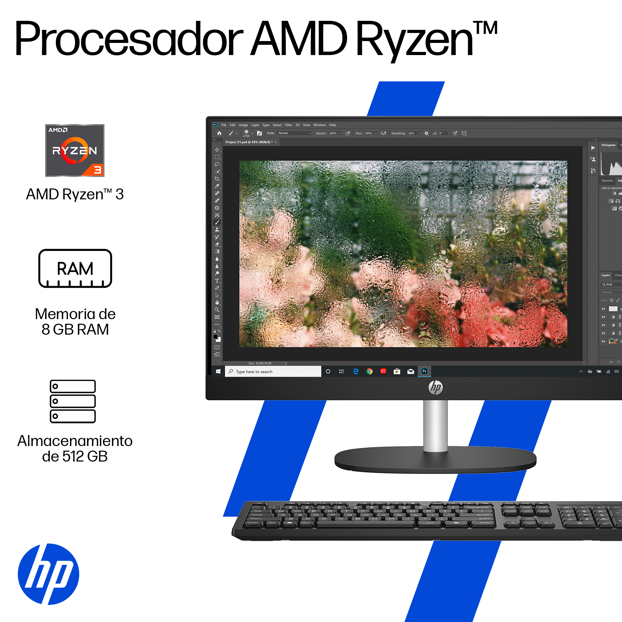 All in One HP 24-cr0233la, AMD Ryzen 3, 8 GB RAM, 512 GB SSD, 23.8" FHD, Windows 11 Home