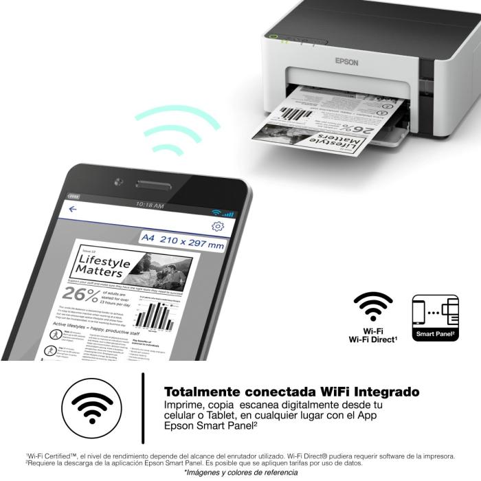 Epson - EcoTank M1120 - Impresora Monocromatica - Imp 32ppm Duplex hasta A4 oficio - Bandeja 150 hojas - USB, WiFi, WiFi Direct - Ciclo maximo 20,000pag - 2 años con registro