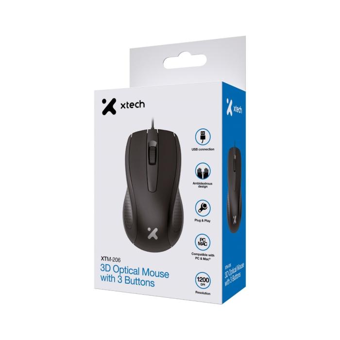 Xtech - XTM-206 - Mouse - USB - Wired - Black - Ambidextrous 3Button 1200 dpi