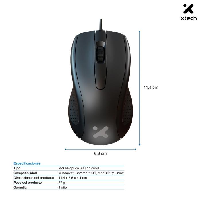 Xtech - XTM-206 - Mouse - USB - Wired - Black - Ambidextrous 3Button 1200 dpi