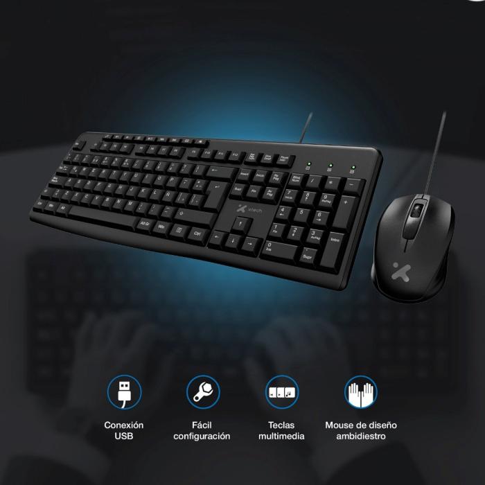 Xtech - Keyboard and mouse set - Wired - Spanish - USB - Black - Multimedia XTK-302S