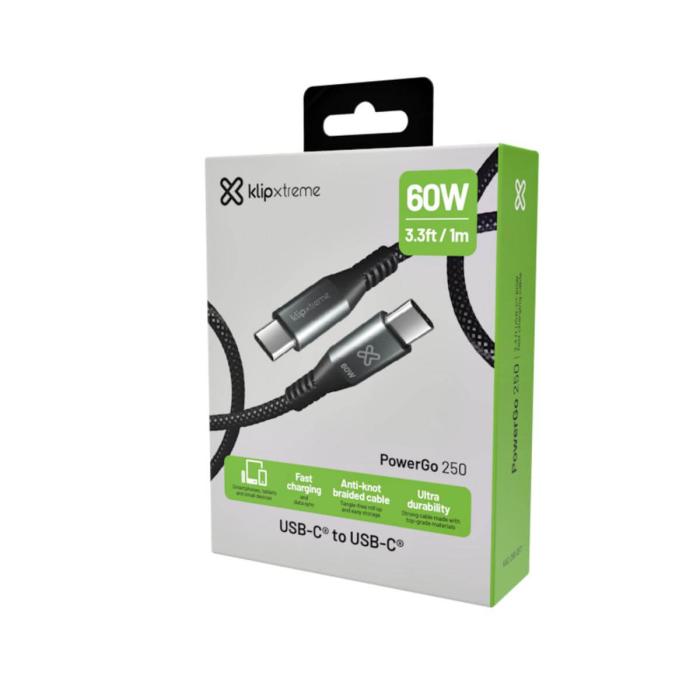 Klip Xtreme - USB cable - 24 pin USB-C - 1 m - Black - 60W Braided Fast charging