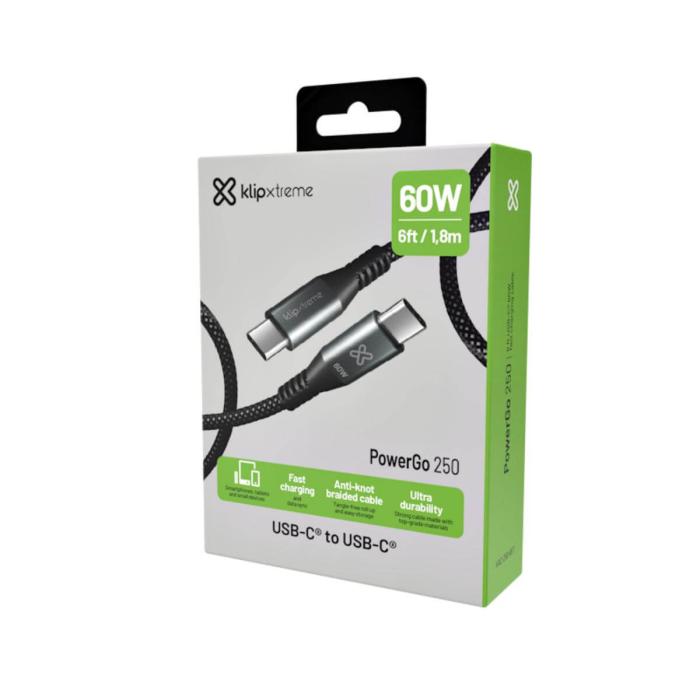 Klip Xtreme - USB cable - 24 pin USB-C - 1.8 m - Black - 60W Braided Fast charging