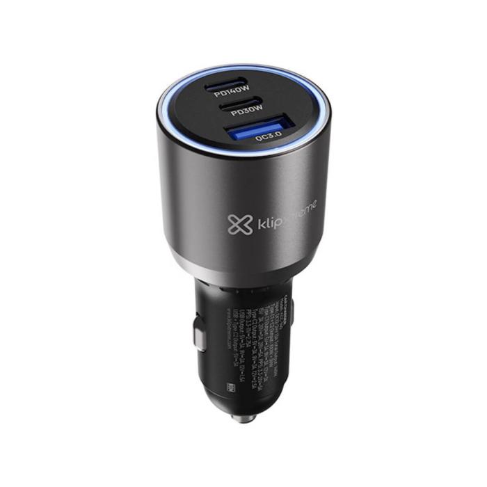 Klip Xtreme KCC-140 - Car power adapter - 140 Watt - 2 x 24 pin USB-C / 9 pin USB Type A - Cellular phone / Tablet - Car - Para Smartphones, tablets, small devices