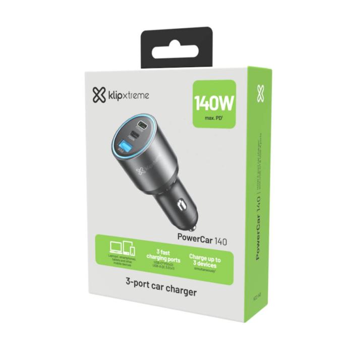 Klip Xtreme KCC-140 - Car power adapter - 140 Watt - 2 x 24 pin USB-C / 9 pin USB Type A - Cellular phone / Tablet - Car - Para Smartphones, tablets, small devices