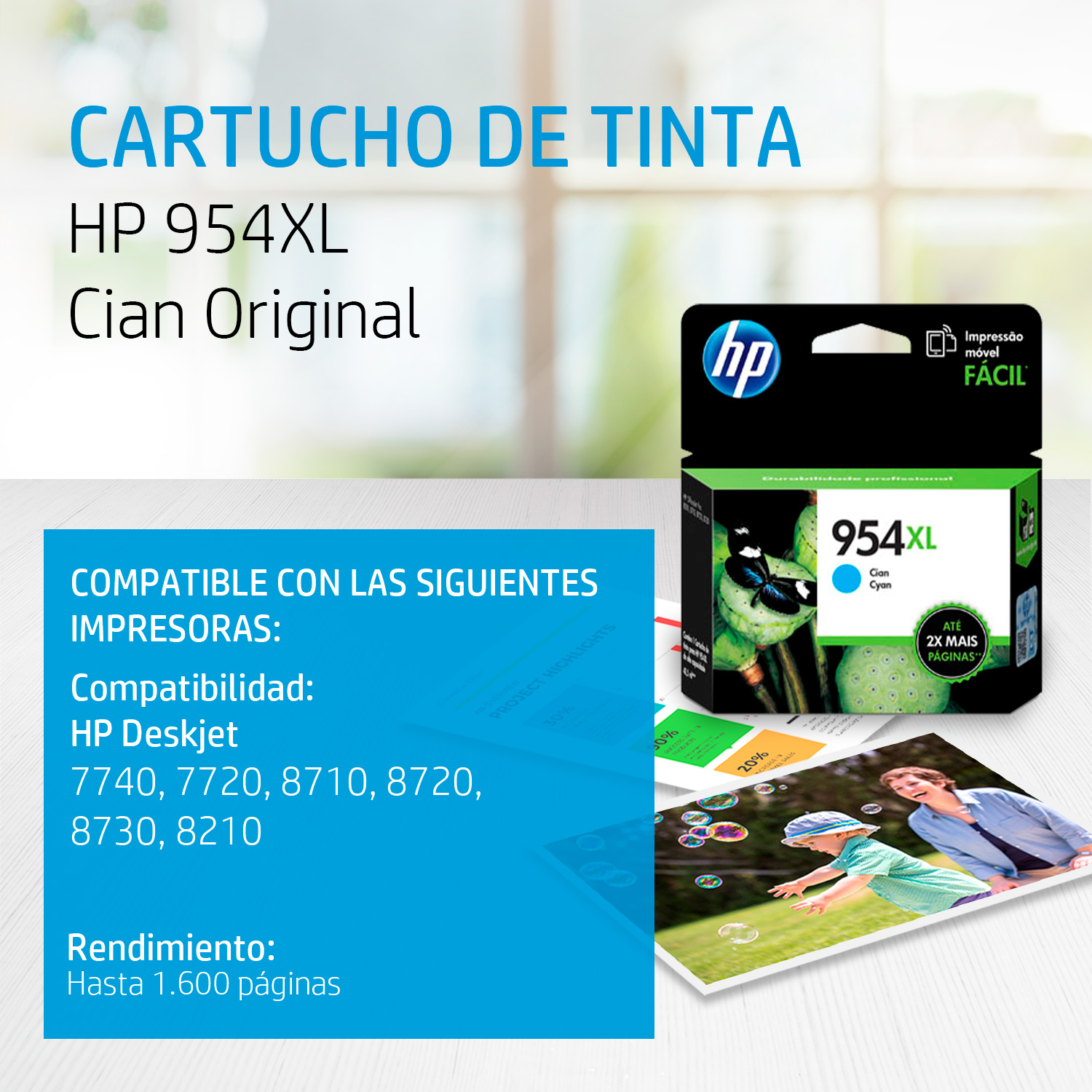 Cartucho de tinta HP 954XL Cian Original (L0S62AL) Para HP Deskjet 7740, 7720, 8710, 8720, 8730, 8210