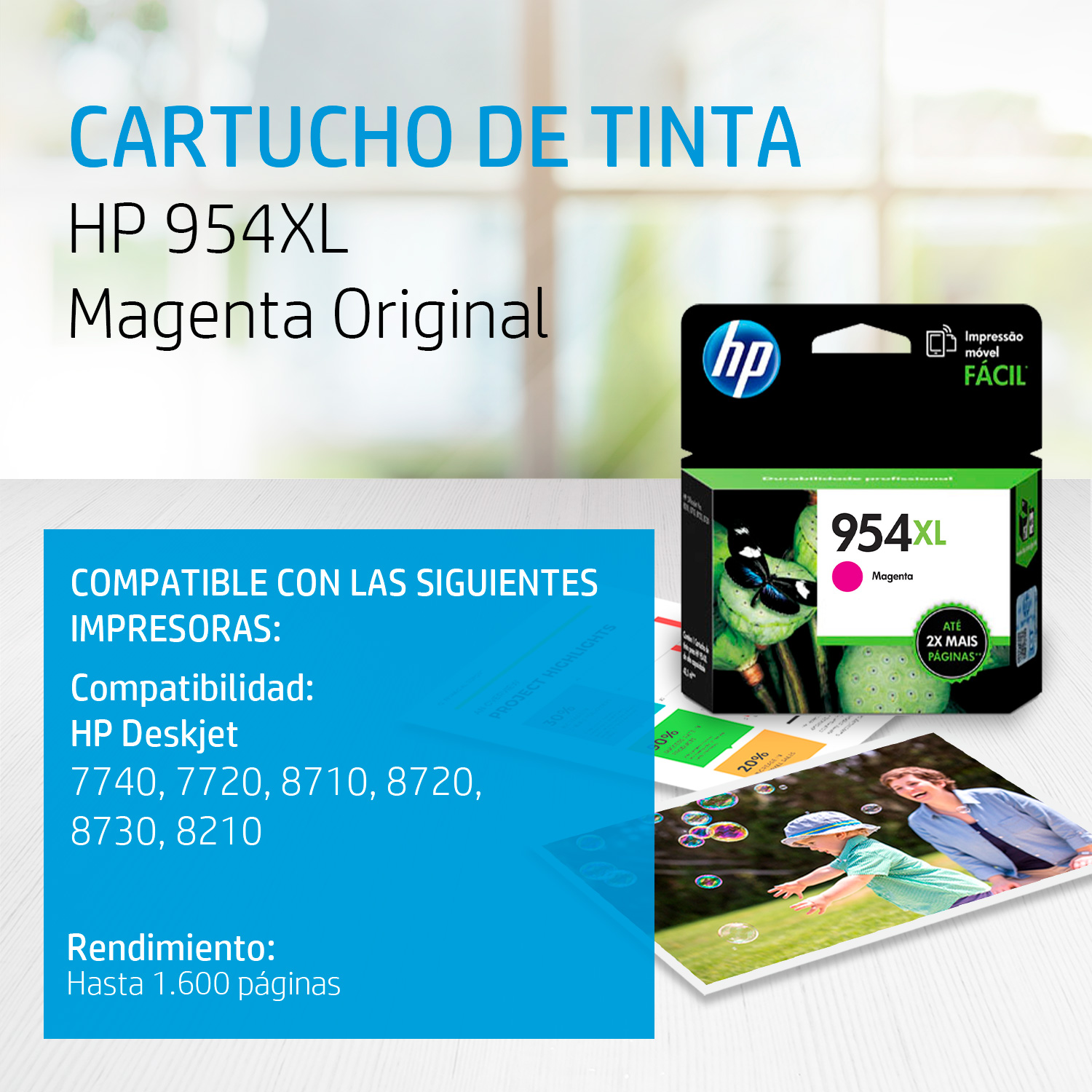 Cartucho de tinta HP 954XL Magenta Original (L0S65AL) Para HP Deskjet 7740, 7720, 8710, 8720, 8730, 8210