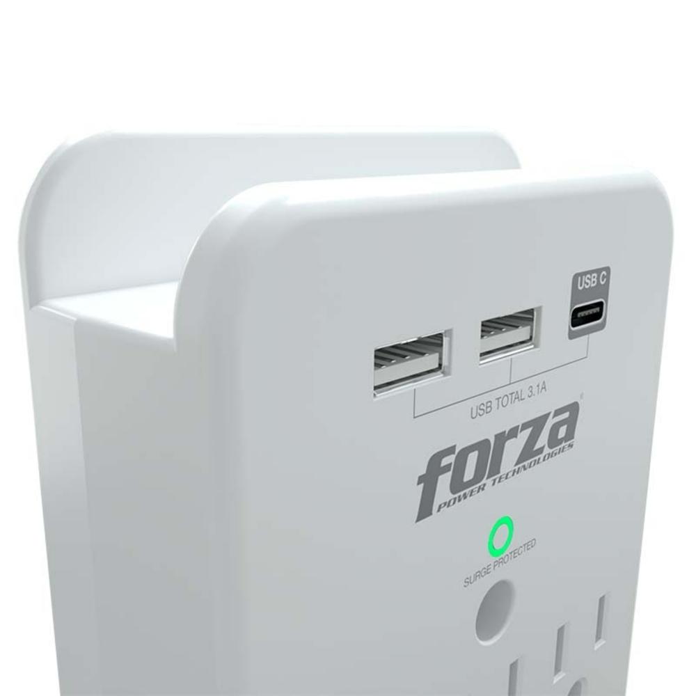 Forza FWT-331USBC - Protector contra sobretensiones (montaje en pared) - CA 125 V - 1875 vatios - conectores de salida: 3 - blanco