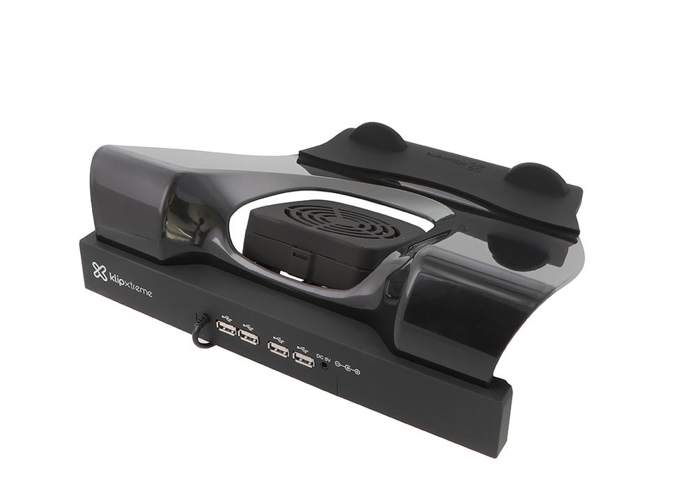 Klip Xtreme KNS-110B Notebook Stand / Cooling Station - Soporte para ordenador portátil - con concentrador USB de 4 puertos, ventilador de refrigeración - 17" - negro