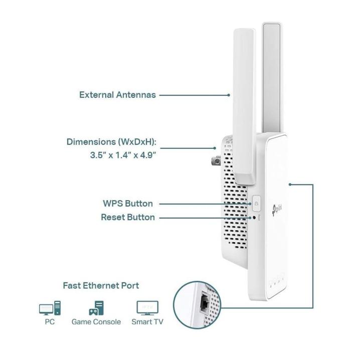 TP-Link RE315 V1 - Extensor de alcance Wi-Fi AC1200 - velocidad 300Mbps a 2.4GHz + 867Mbps a 5GHz-2 × antenas externas - 1 × puerto de 10/100 Mbps - enchufado a la pared