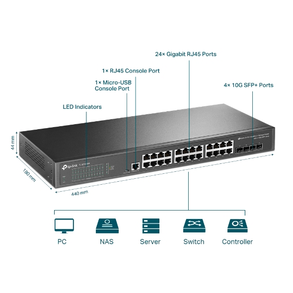 Switch Tplink TL-SG3428X 24 puertos 10-100-1000 + Administrable, Ranuras 4 SFP+ 10G - TL-SG3428X