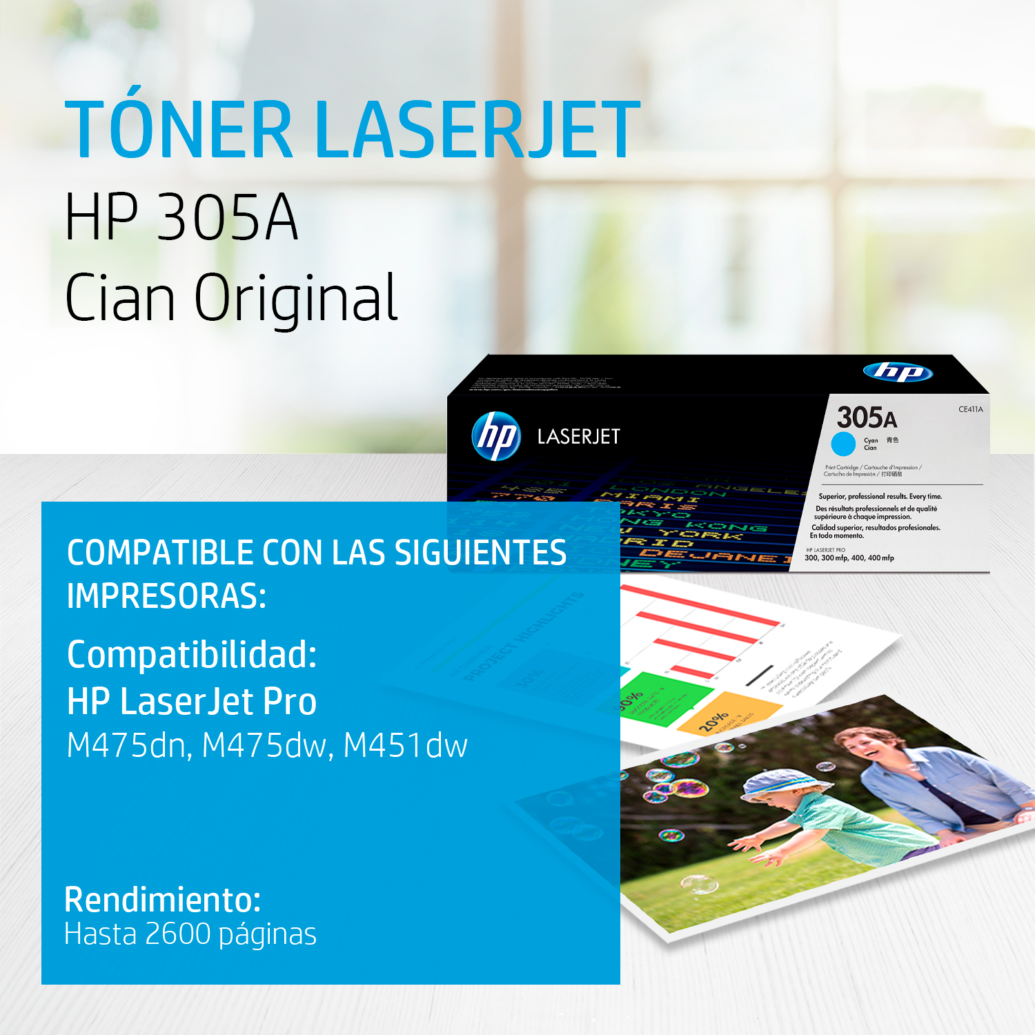 HP 305A - Cián - original - LaserJet - cartucho de tóner (CE411A) - para LaserJet Pro 300 M351, 400 M451, MFP M375, MFP M475