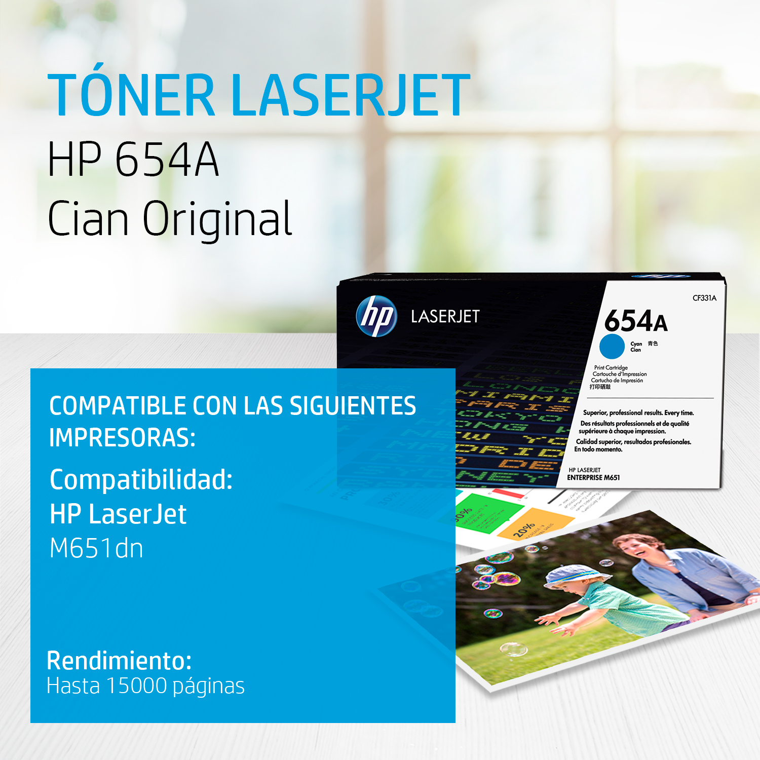 HP 654A - Cián - original - LaserJet - cartucho de tóner (CF331A) - para Color LaserJet Enterprise M651dn, M651n, M651xh; Color LaserJet Managed M651dnm, M651xhm