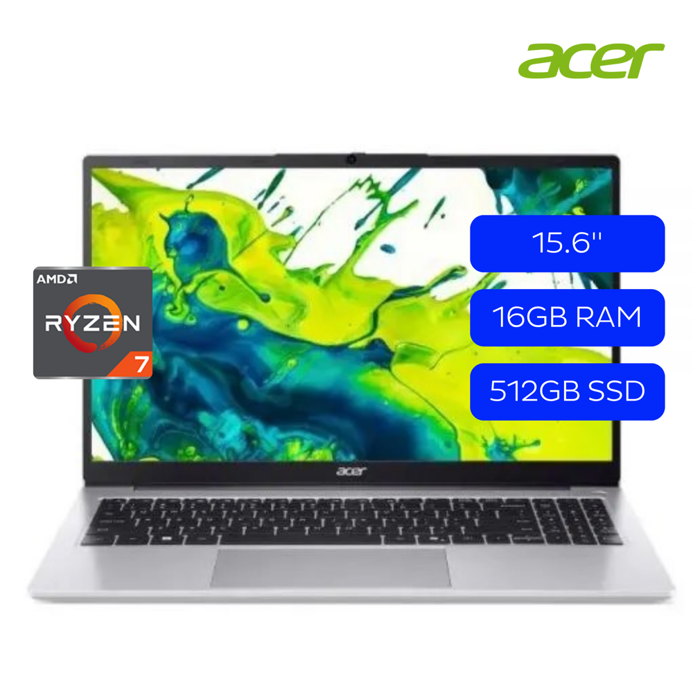 Acer A3 - Notebook - 15.6" - AMD Ryzen 7 5825U  / 2.0 GHz - DDR4 SDRAM - 16 GB - 512 GB SSD - AMD Radeon Graphics - Windows 11 Home - Silver - Spanish - 1-year warranty