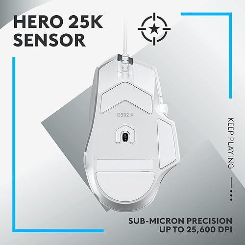 Logitech G502 X Wired Gaming Mouse - LIGHTFORCE hybrid optical-mechanical primary switches, HERO 25K gaming sensor, compatible with PC - macOS/Windows - White - Ratón - óptico - cableado - USB - blanco