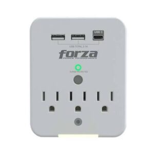 Forza FWT-331USBC - Protector contra sobretensiones (montaje en pared) - CA 125 V - 1875 vatios - conectores de salida: 3 - blanco