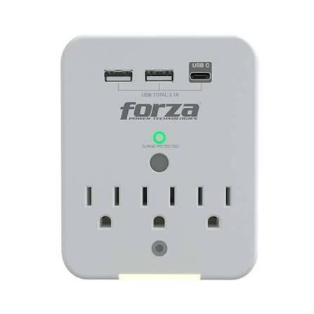 Forza FWT-331USBC - Protector contra sobretensiones (montaje en pared) - CA 125 V - 1875 vatios - conectores de salida: 3 - blanco
