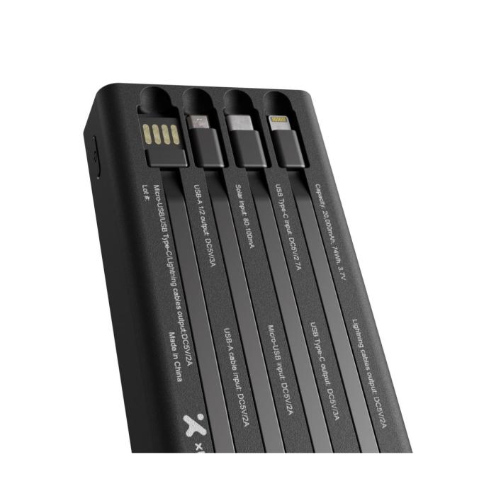 Xtech XPB-200 - Solar Power Bank - 24 pin USB-C / 4 pin USB Type A / 5 pin Micro-USB Type A - 24 pin USB-C / 4 pin USB Type A / 5 pin Micro-USB Type A - Lithium ion polymer - Para Universal - built-in charg cables20,000mAh