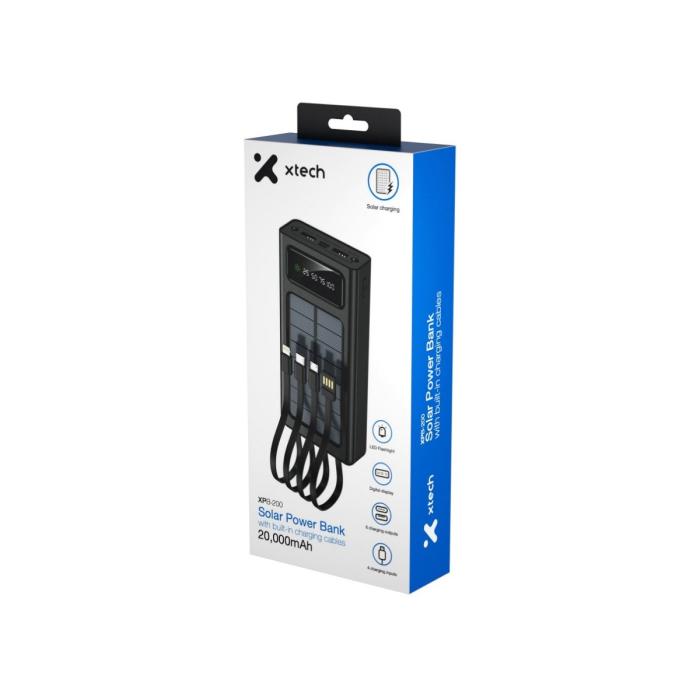 Xtech XPB-200 - Solar Power Bank - 24 pin USB-C / 4 pin USB Type A / 5 pin Micro-USB Type A - 24 pin USB-C / 4 pin USB Type A / 5 pin Micro-USB Type A - Lithium ion polymer - Para Universal - built-in charg cables20,000mAh
