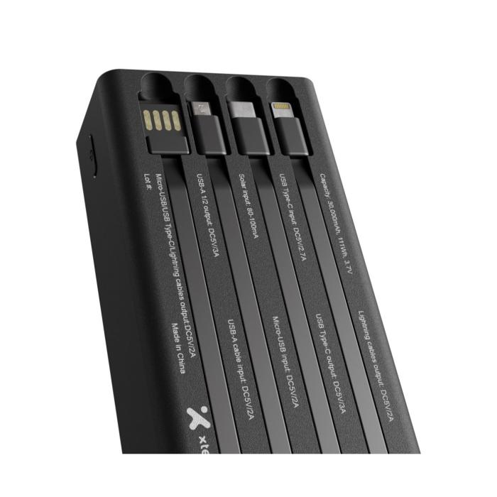 Xtech XPB-300 - Solar Power Bank - 24 pin USB-C / 4 pin USB Type A / 5 pin Micro-USB Type A - 24 pin USB-C / 4 pin USB Type A / 5 pin Micro-USB Type A - Lithium ion polymer - Para Universal - built-in charg cables30,000mAh