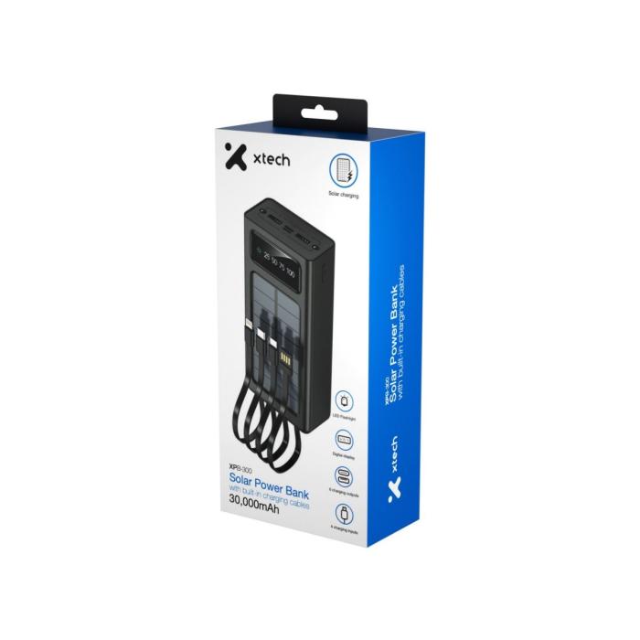 Xtech XPB-300 - Solar Power Bank - 24 pin USB-C / 4 pin USB Type A / 5 pin Micro-USB Type A - 24 pin USB-C / 4 pin USB Type A / 5 pin Micro-USB Type A - Lithium ion polymer - Para Universal - built-in charg cables30,000mAh