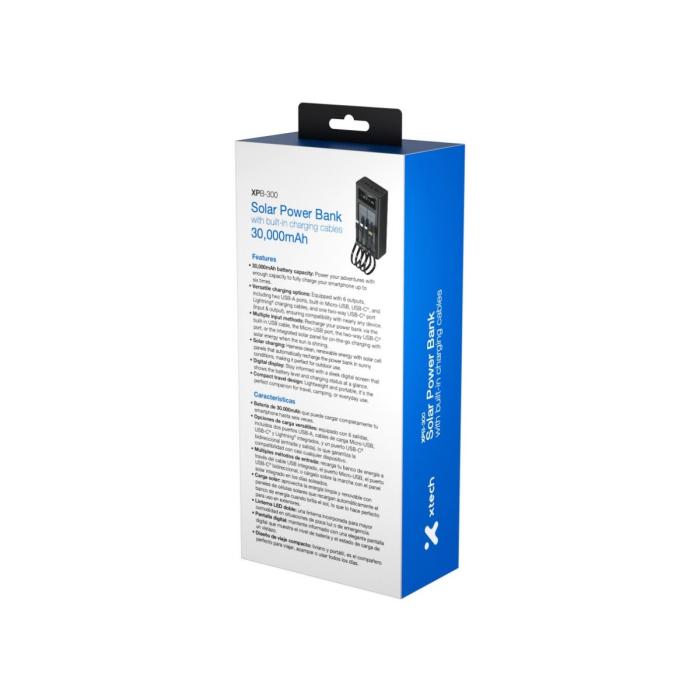 Xtech XPB-300 - Solar Power Bank - 24 pin USB-C / 4 pin USB Type A / 5 pin Micro-USB Type A - 24 pin USB-C / 4 pin USB Type A / 5 pin Micro-USB Type A - Lithium ion polymer - Para Universal - built-in charg cables30,000mAh