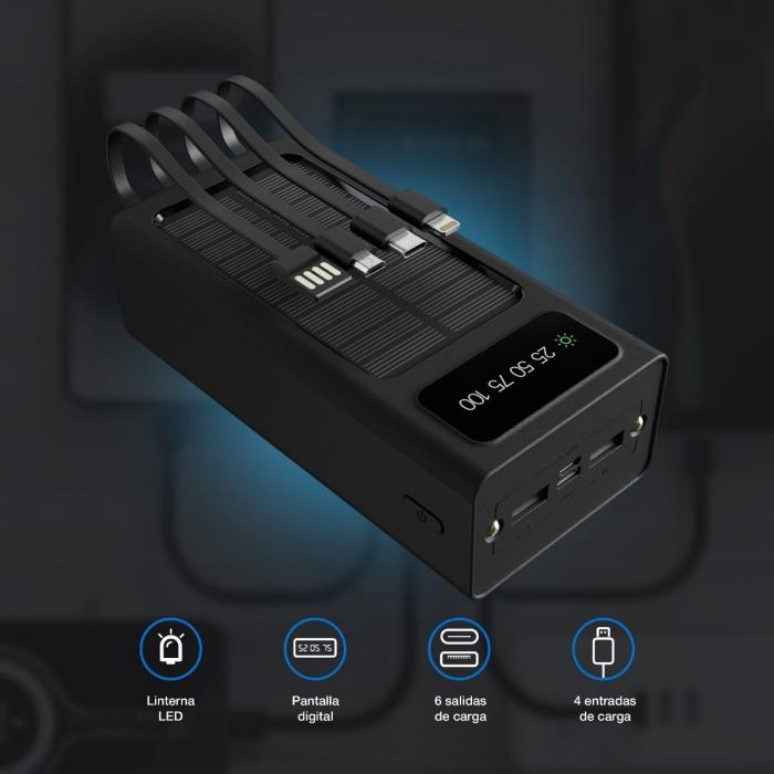 Xtech XPB-300 - Solar Power Bank - 24 pin USB-C / 4 pin USB Type A / 5 pin Micro-USB Type A - 24 pin USB-C / 4 pin USB Type A / 5 pin Micro-USB Type A - Lithium ion polymer - Para Universal - built-in charg cables30,000mAh