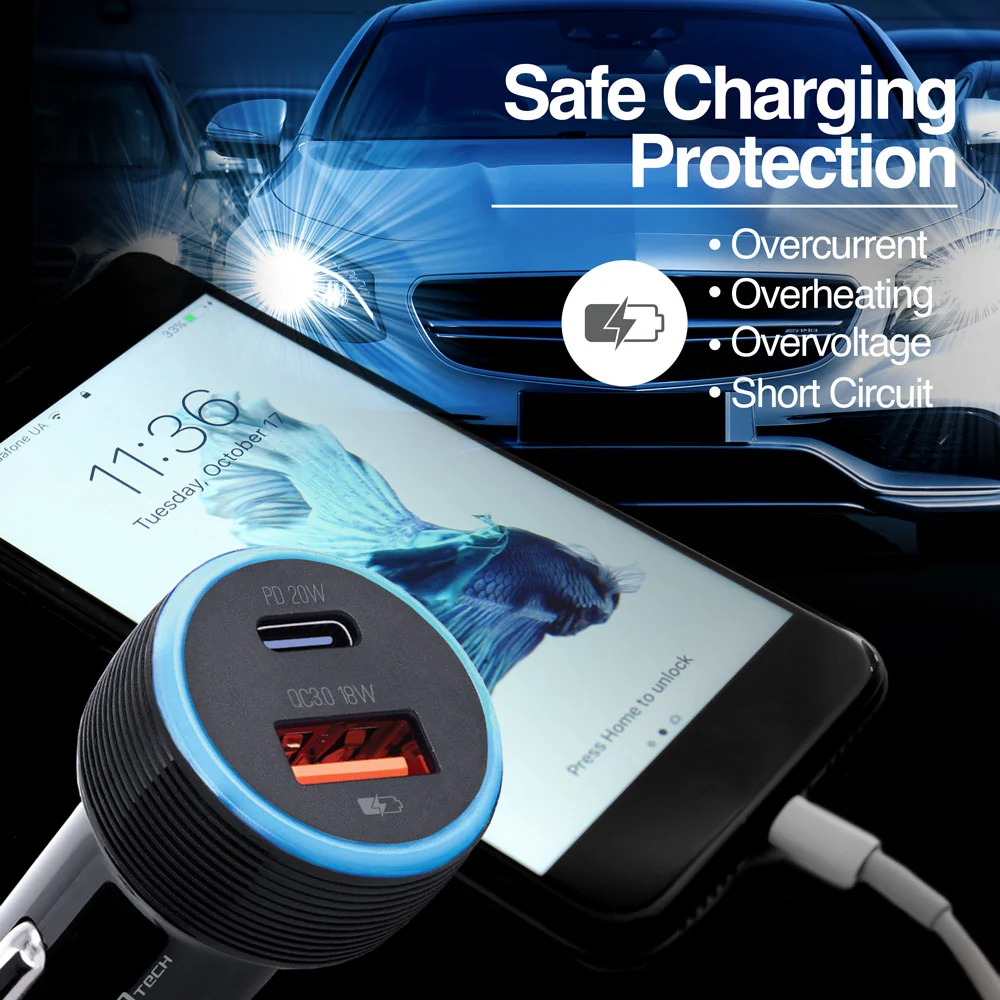 Cargador Dual Rápido Type-C 18W & USB 18W para auto