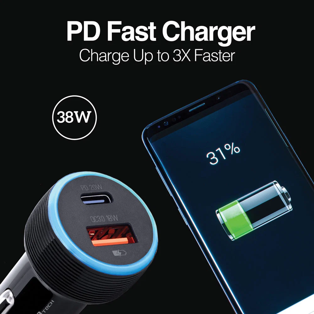 Cargador Dual Rápido Type-C 18W & USB 18W para auto