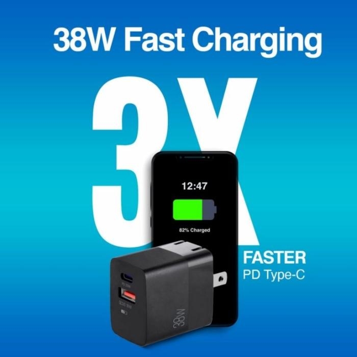 VOLTA P4 38W PRO PD TYPE-C + USB CON CARGADOR DE PARED CON ENCHUFE PLEGABLE