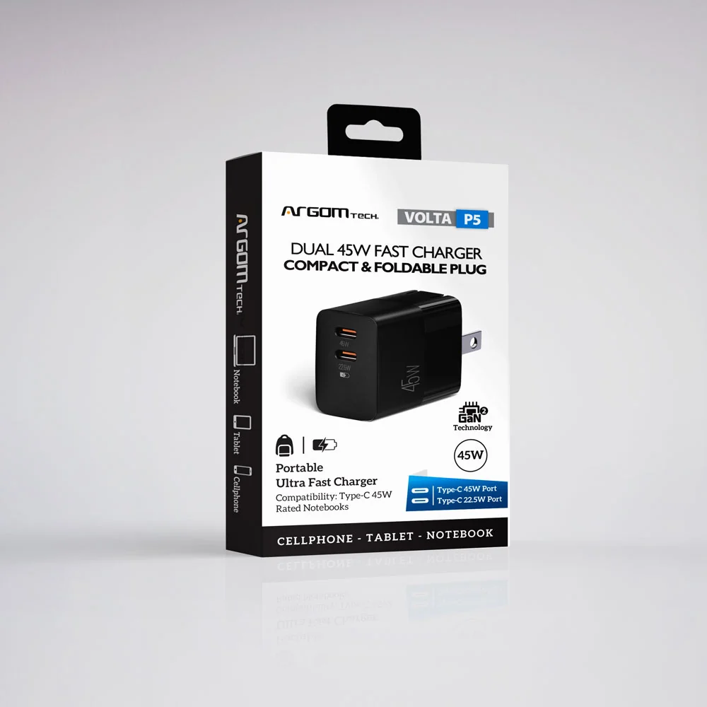 VOLTA P5 GAN II 45W DUAL TYPE-C CON CARGADOR DE PARED CON ENCHUFE PLEGABLE