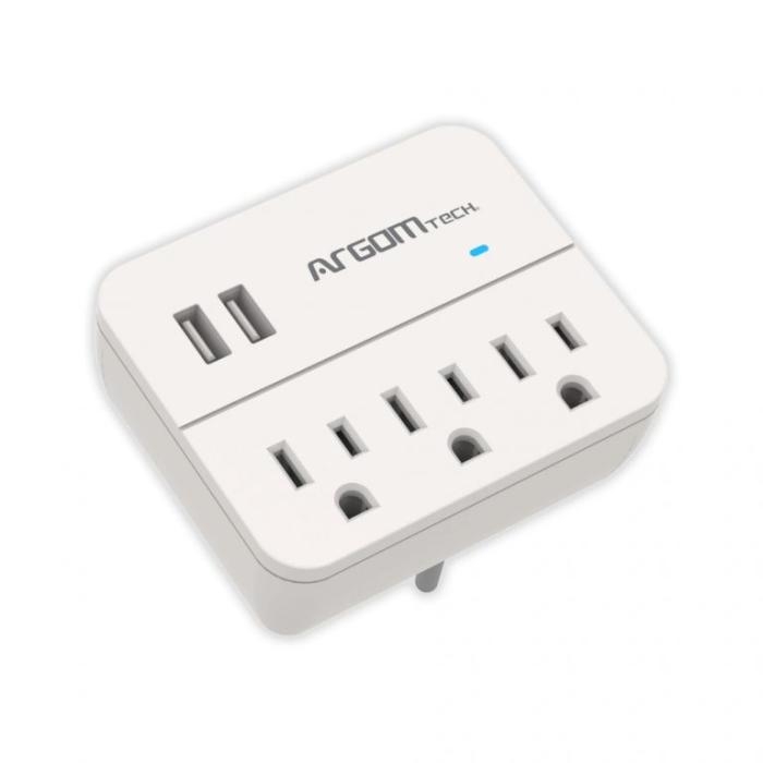Adaptador de Enchufe Triple con 2 Puertos USB y Proteccion de Sobretensiones - Blanco
