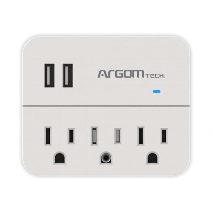 Adaptador de Enchufe Triple con 2 Puertos USB y Proteccion de Sobretensiones - Blanco