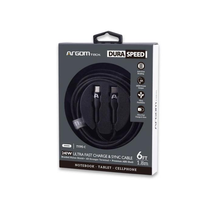 CABLE ARGOM DE CARGA ULTRARRÁPIDA DURASPEED TIPO C A C DE 240W 1.8M/6FT NEGRO