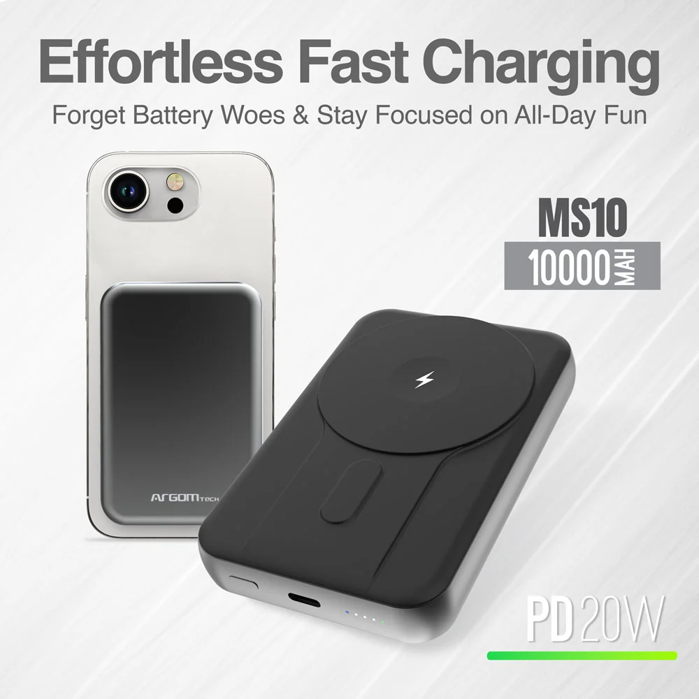 POWER BANK ARGOM MS10 MAGNETIC 10,000MAH ALUMINUM SILVER / CARGA INALÁMBRICA RÁPIDA DE 15W