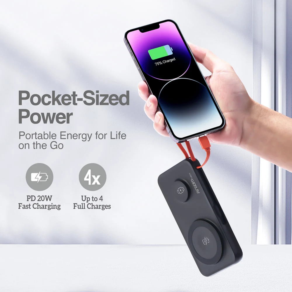 ARGOM MAGNETIC S10 - POWER BANK INALAMBRICA MAGNETICA 4 EN 1 DE 10,000 MHA